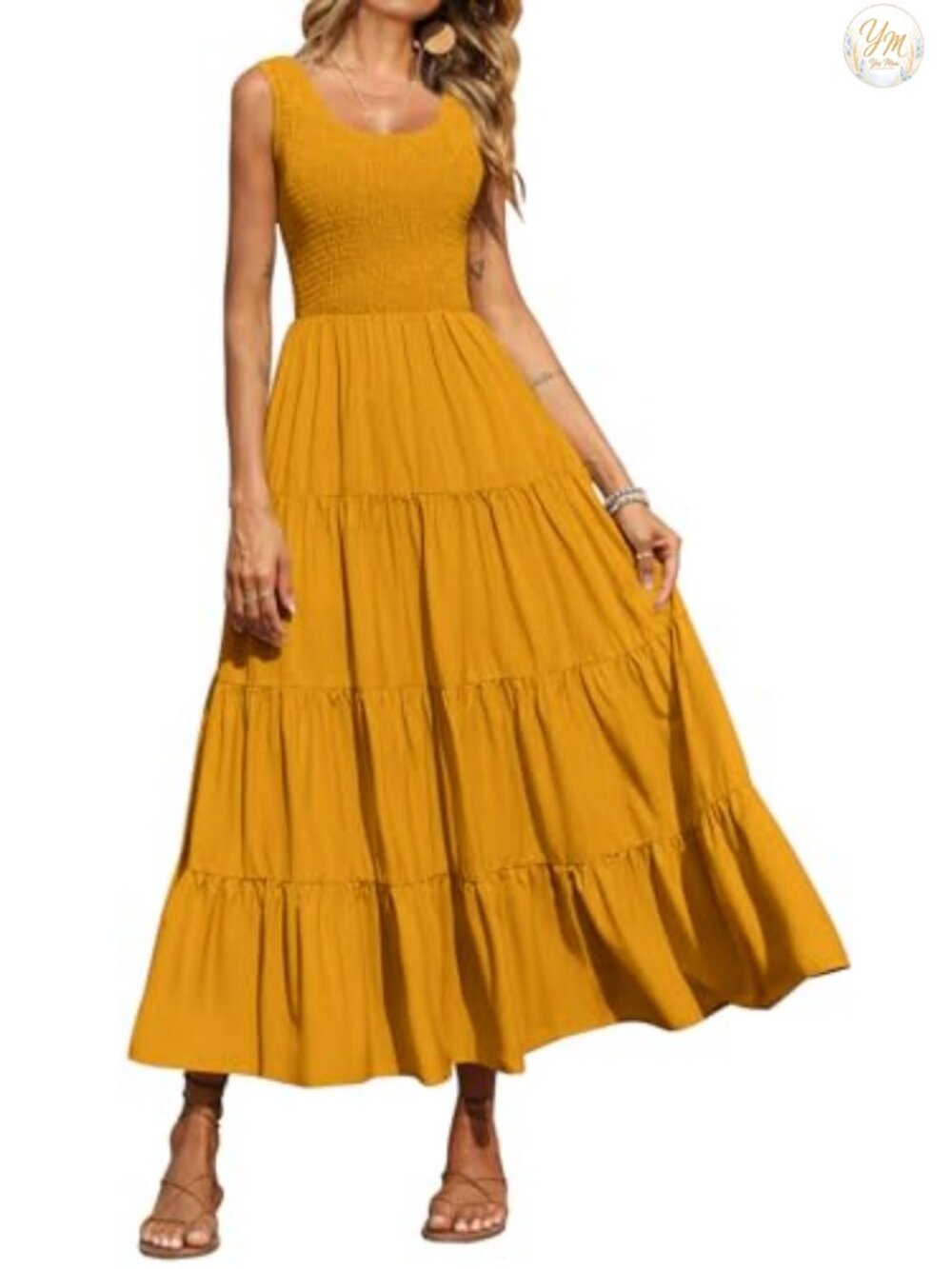 Women's Smocked Tank Maxi Sundress with Pockets Sleeveless Tiered A-Line